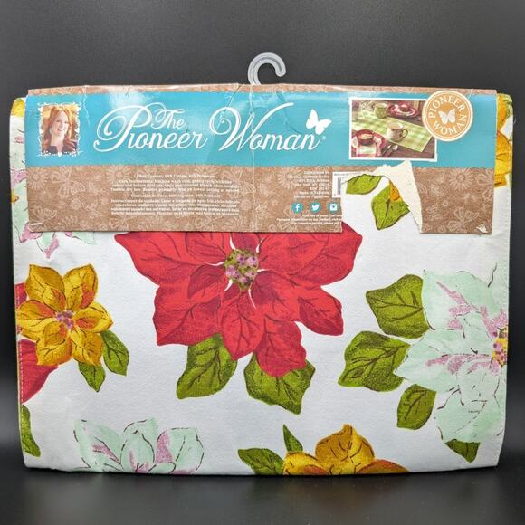 Pioneer Woman Table runner Watercolor Poinsettia Green White Checks 72" Floral - Picture 2 of 6